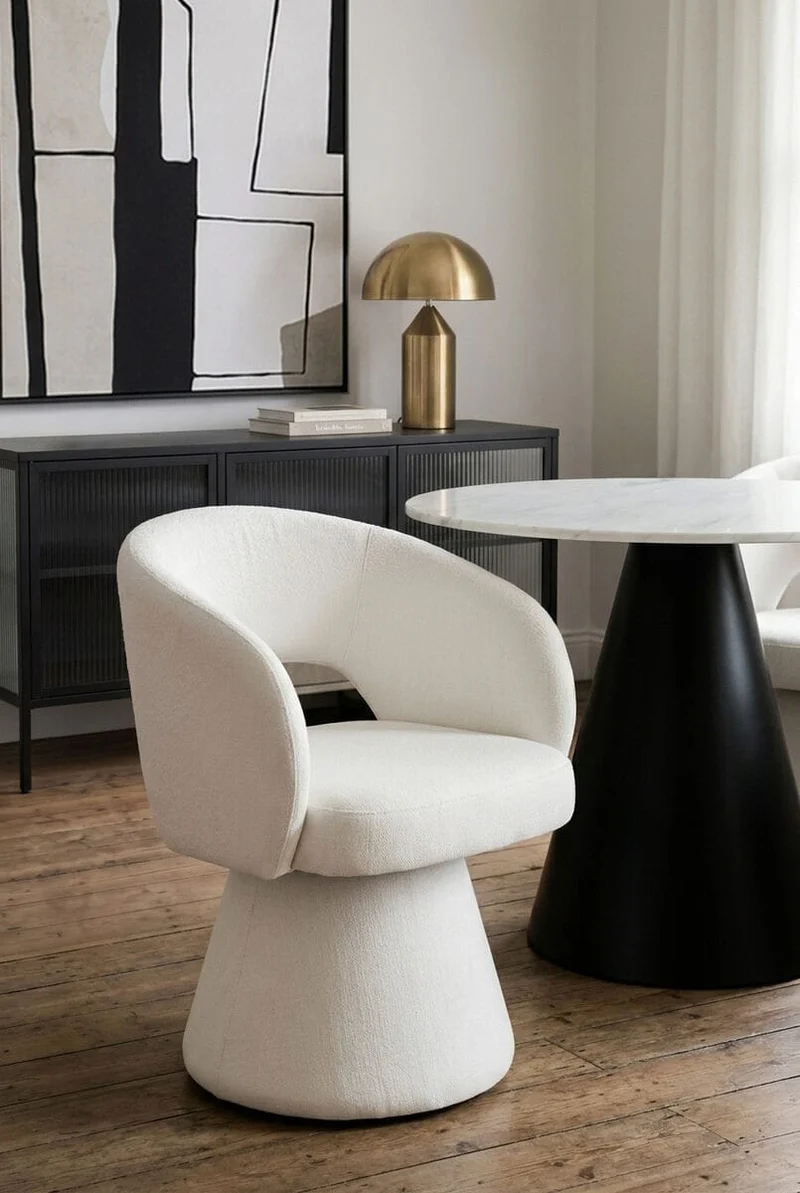 Maxwell Textured Beige Fabric Curved Swivel Dining Chair