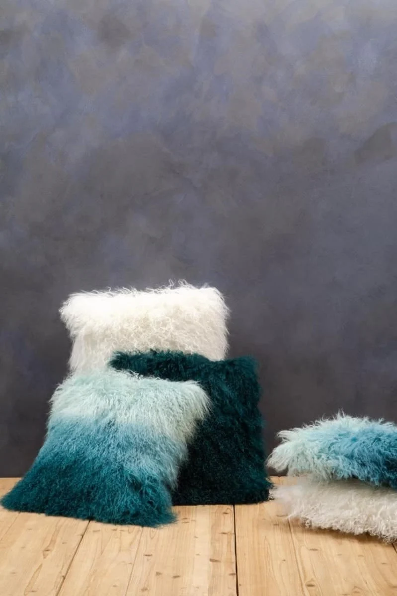 Bosie Real Mongolian Fur Teal Square Cushion