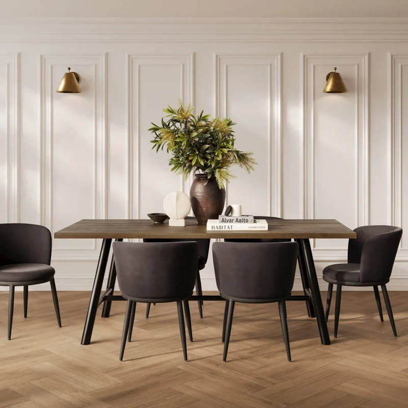 Louie Coffee Dining Table with 6 Nova Black Dining Chairs