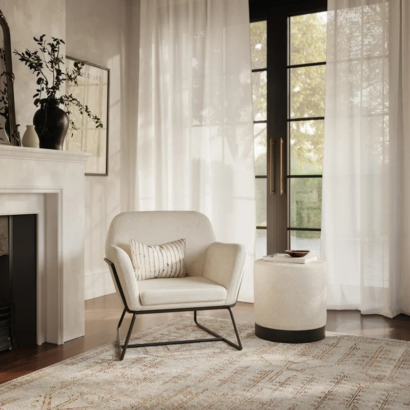 Charles Chair and Lara Small Pouffe in Beige and Gold