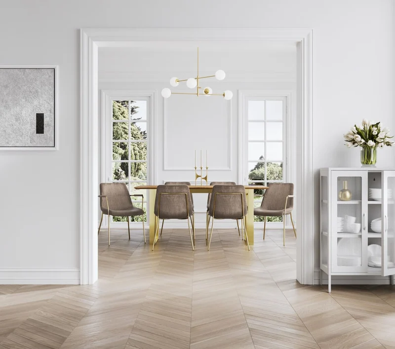 Antibes Gold Dining Table 6 Carlo Taupe Chairs with Arms