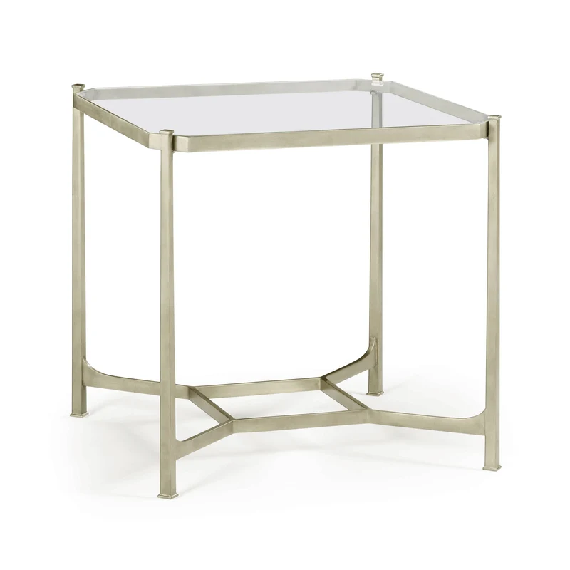 Square Side Table Contemporary with Glass Top - Silver