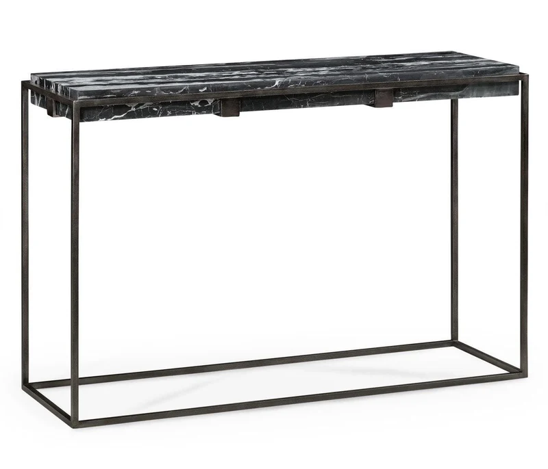 Rectangular Iron Console Table with a Black Marble Top