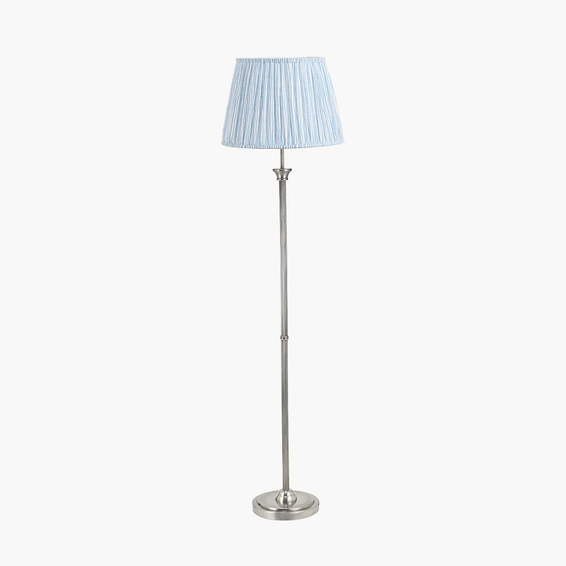 Salvatore Antique Silver Metal Floor Lamp Base with Thiago 45cm Ocean Blue Stripe Mushroom Pleat Tapered Lampshade | OUTLET