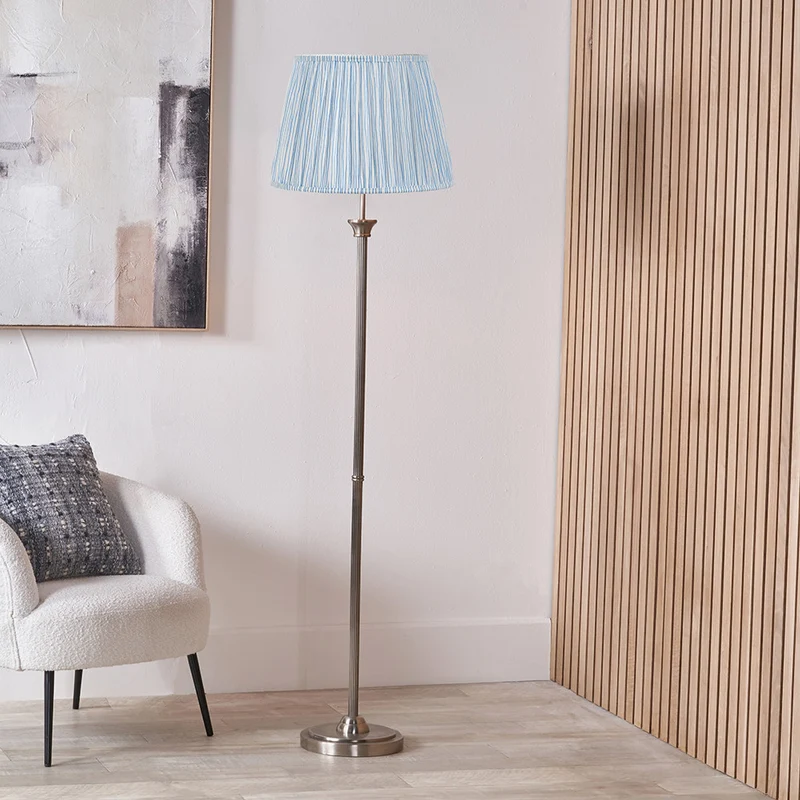 Salvatore Antique Silver Metal Floor Lamp Base with Thiago 45cm Ocean Blue Stripe Mushroom Pleat Tapered Lampshade | OUTLET