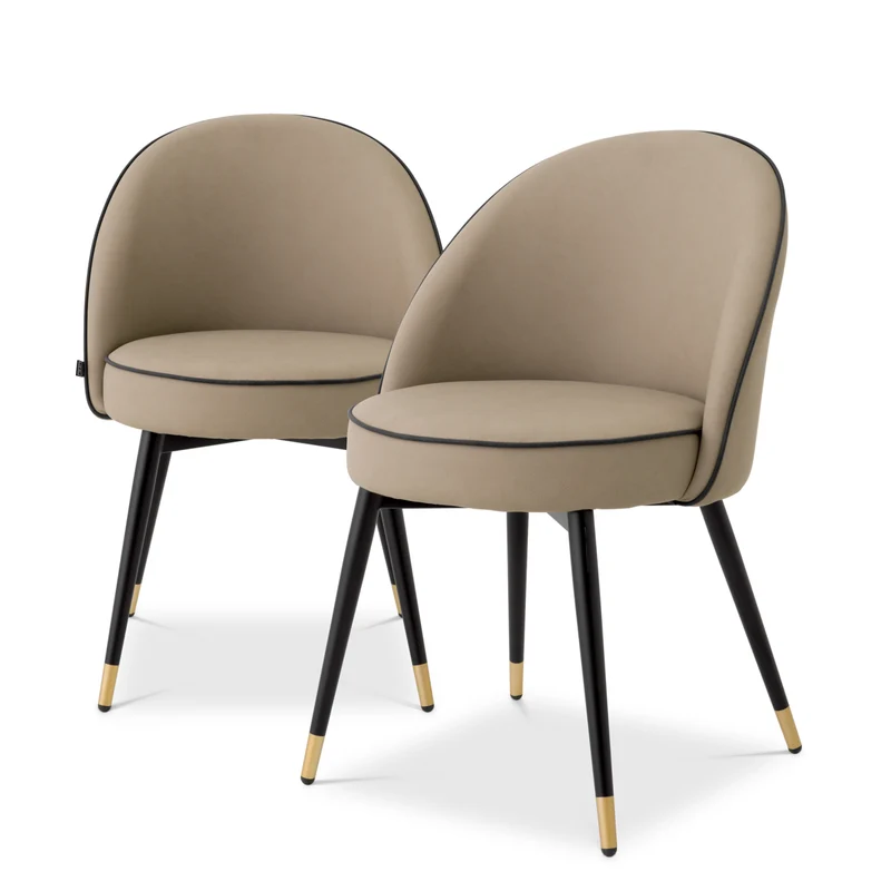 Dining Chair Cooper set of 2 Beige faux leather | grey faux leather piping | black & brass finish legs