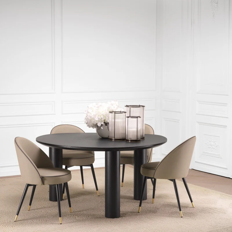 Dining Chair Cooper set of 2 Beige faux leather | grey faux leather piping | black & brass finish legs