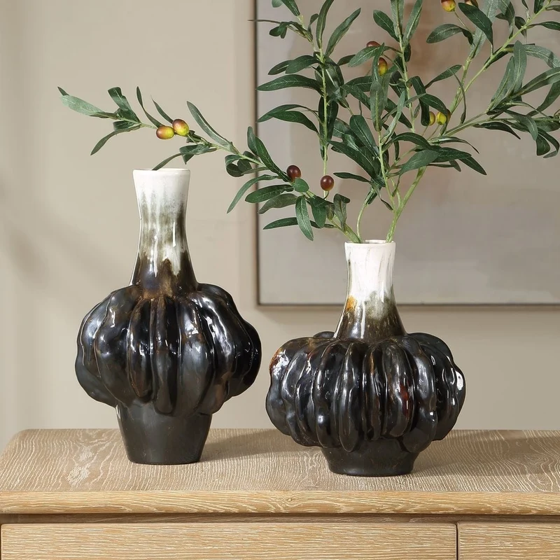 Umbrian Gourd Vases in White and Brown - Set of 2