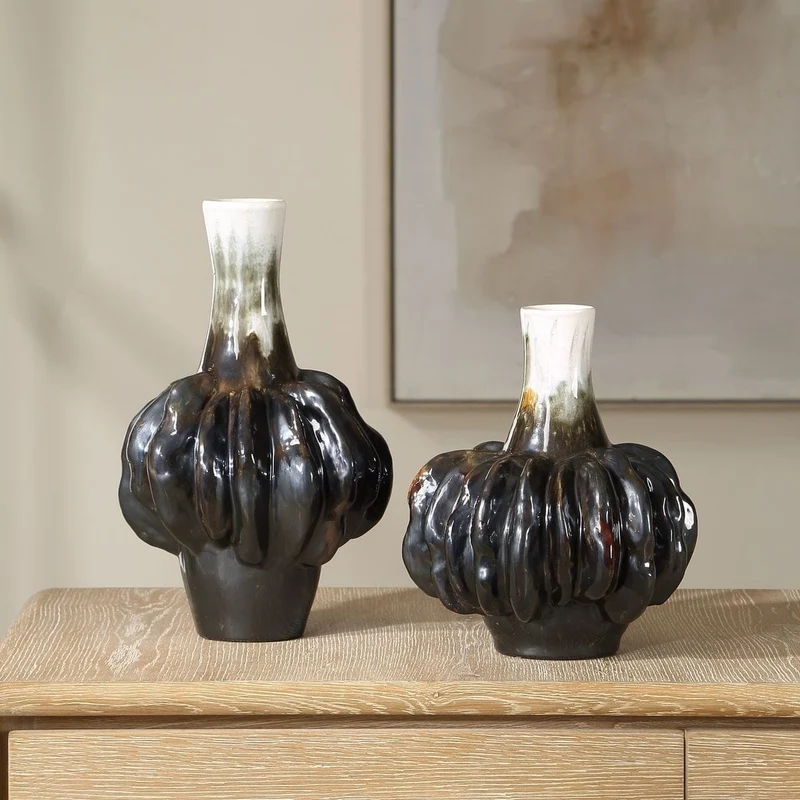 Umbrian Gourd Vases in White and Brown - Set of 2