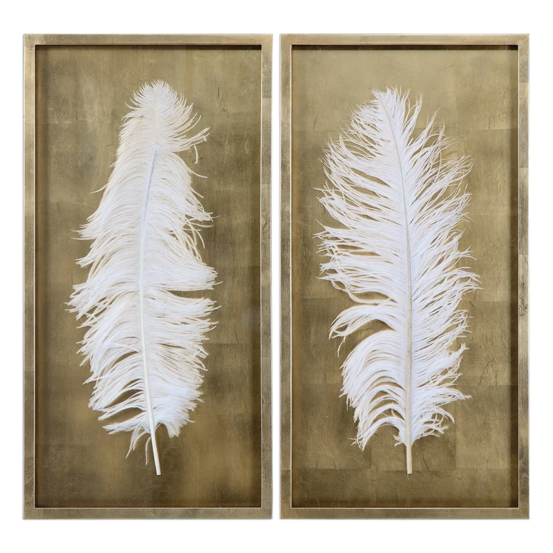 White Feathers Gold Shadow Box - Set of 2