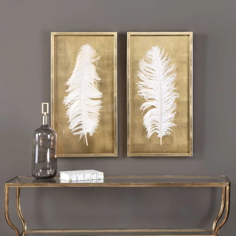 White Feathers Gold Shadow Box - Set of 2