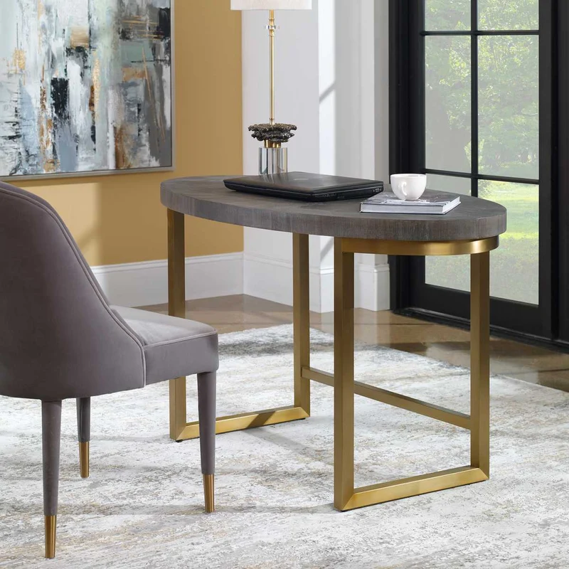 Taja Oval Writing Desk in Dark Walnut and Brushed Brass