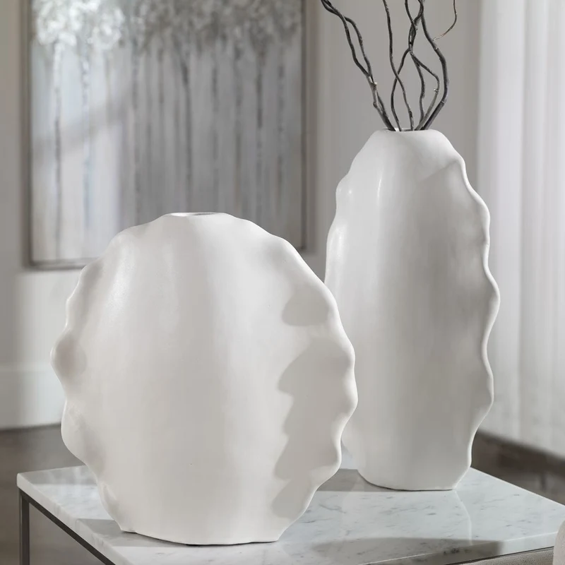 Ruffled Feathers Modern Indoor-Outdoor White Vases, S/2