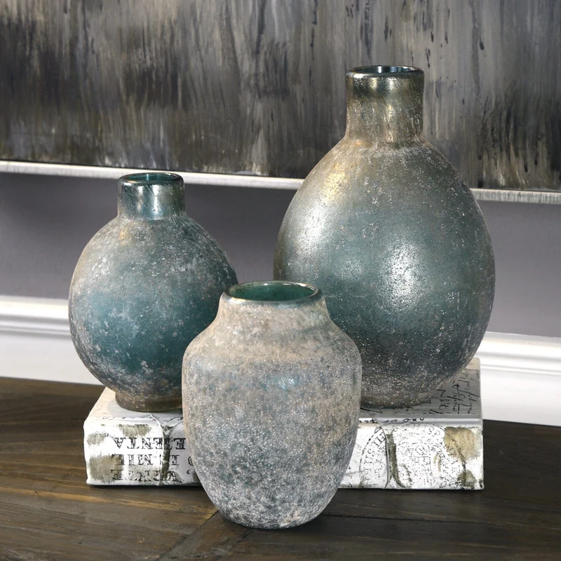 Mercede Weathered Glass Vases in Blue - Set of 3