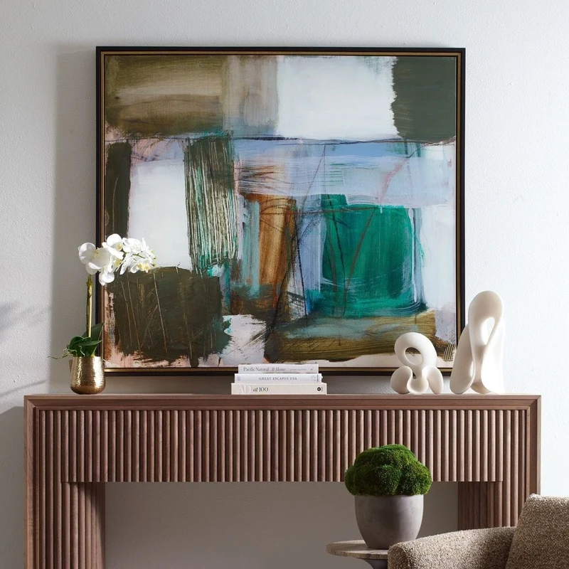 Green Fields Framed Abstract Canvas