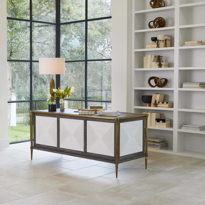 Let It Drop Fluted Oak Writing Desk with Brass Accents