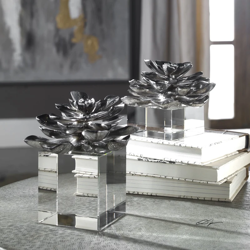 Indian Lotus Metallic Silver Flowers S/2