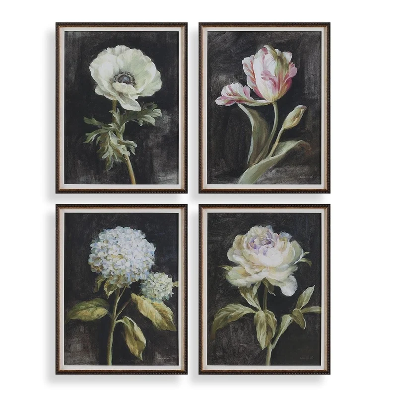 Florals On Black Framed Prints, Set of 4