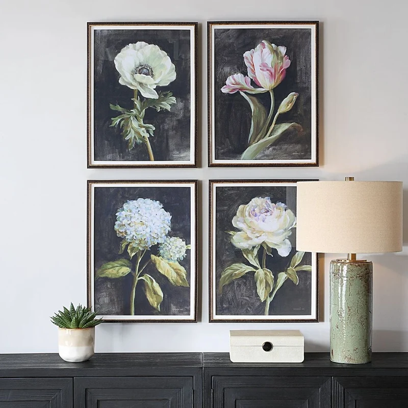 Florals On Black Framed Prints, Set of 4