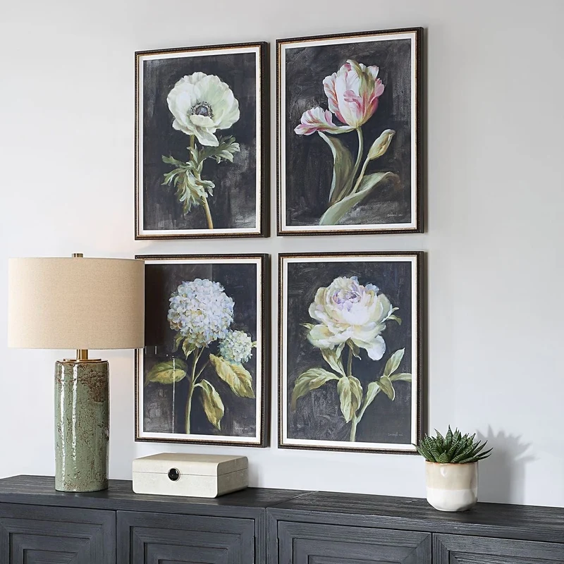 Florals On Black Framed Prints, Set of 4