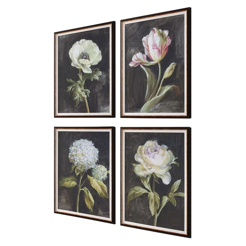 Florals On Black Framed Prints, Set of 4