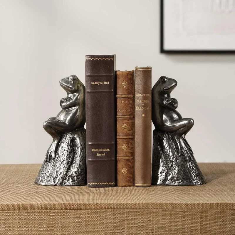Daydreaming Frogs Aged Silver Bookends, Set of 2