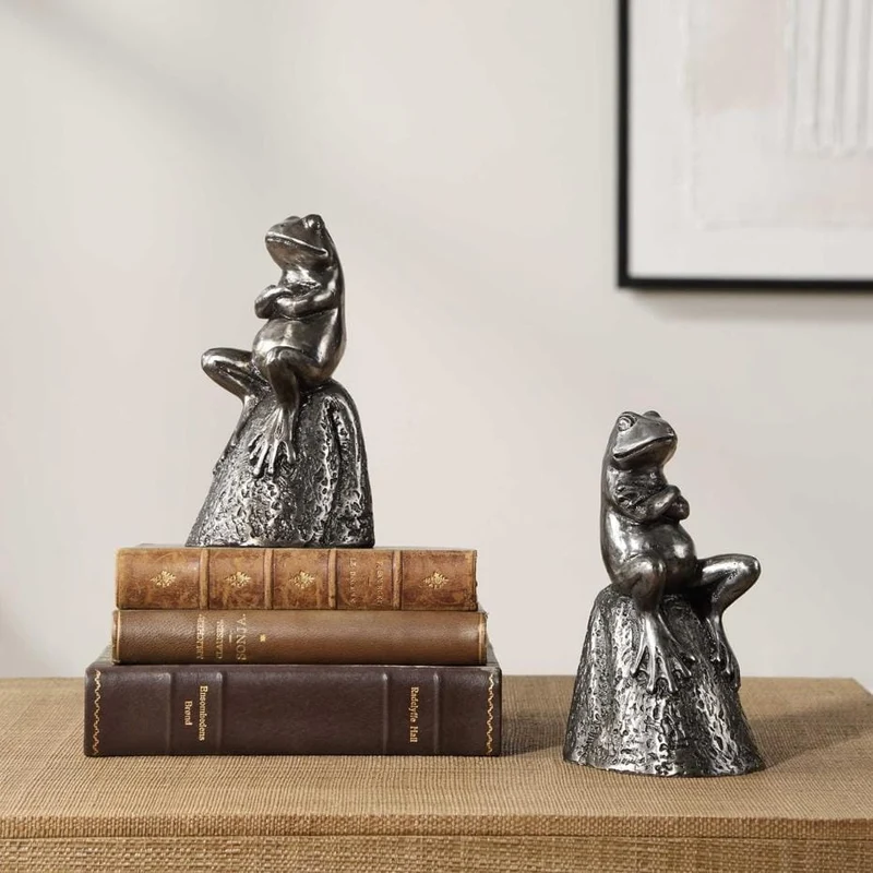 Daydreaming Frogs Aged Silver Bookends, Set of 2