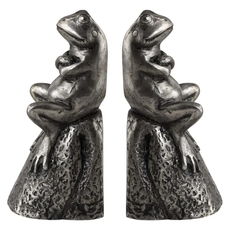 Daydreaming Frogs Aged Silver Bookends, Set of 2