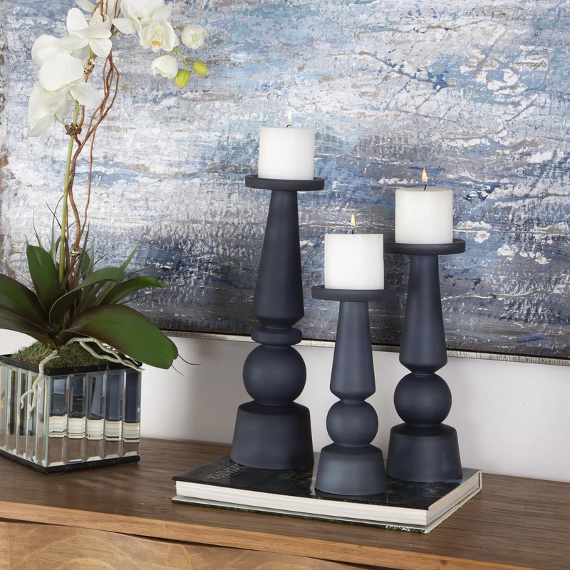 Cassiopeia Blue Glass Candleholders, S/3