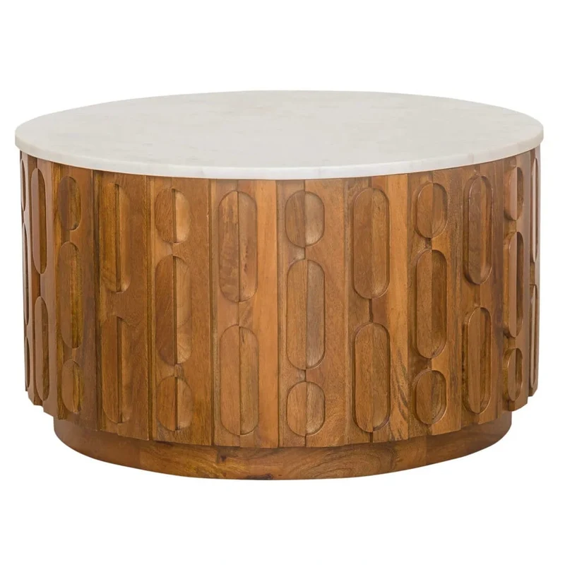 Torcino Marble and Crarved Mango Wood Round Coffee Table