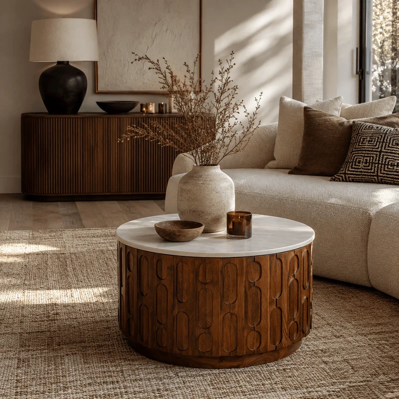Torcino Marble and Crarved Mango Wood Round Coffee Table