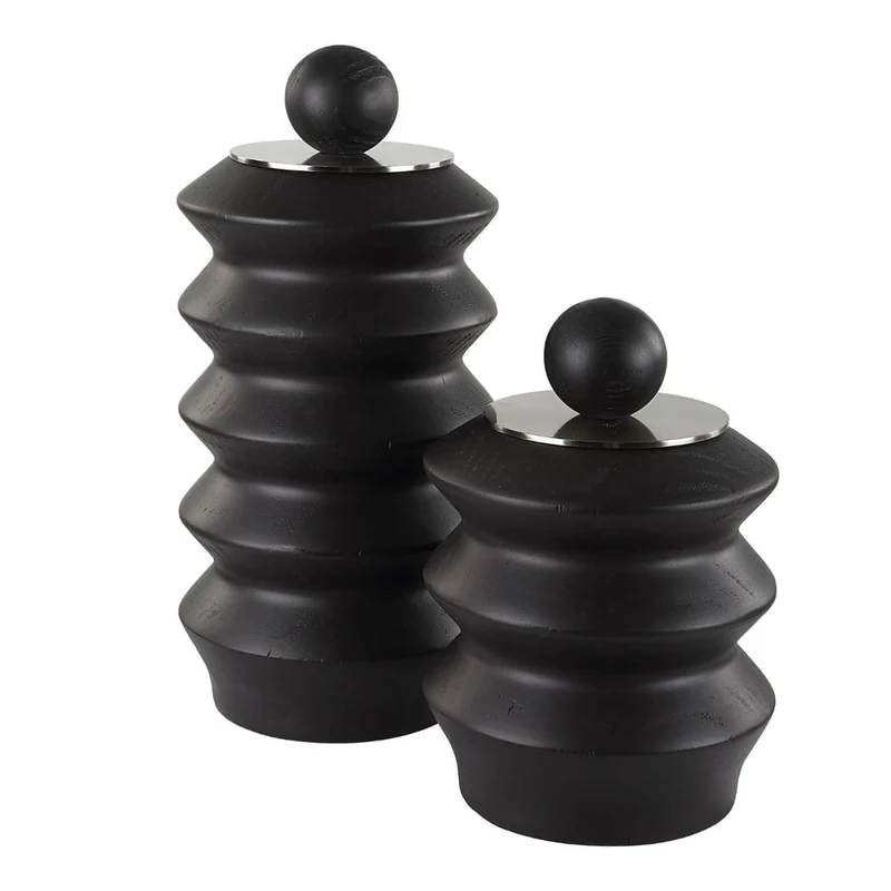 Accordion Black Wood Containers, Set of 2