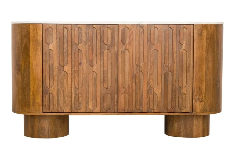 Torcino Marble and Carved Mango Wood Two Door Sideboard