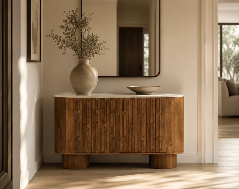 Torcino Marble and Carved Mango Wood Two Door Sideboard