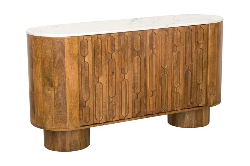 Torcino Marble and Carved Mango Wood Two Door Sideboard