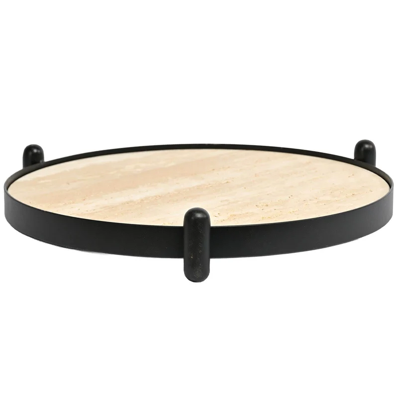 Metal Framed Round Tray in Travertine