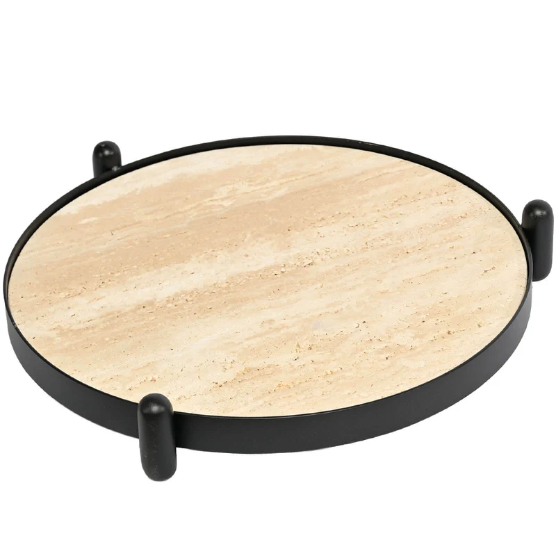 Metal Framed Round Tray in Travertine