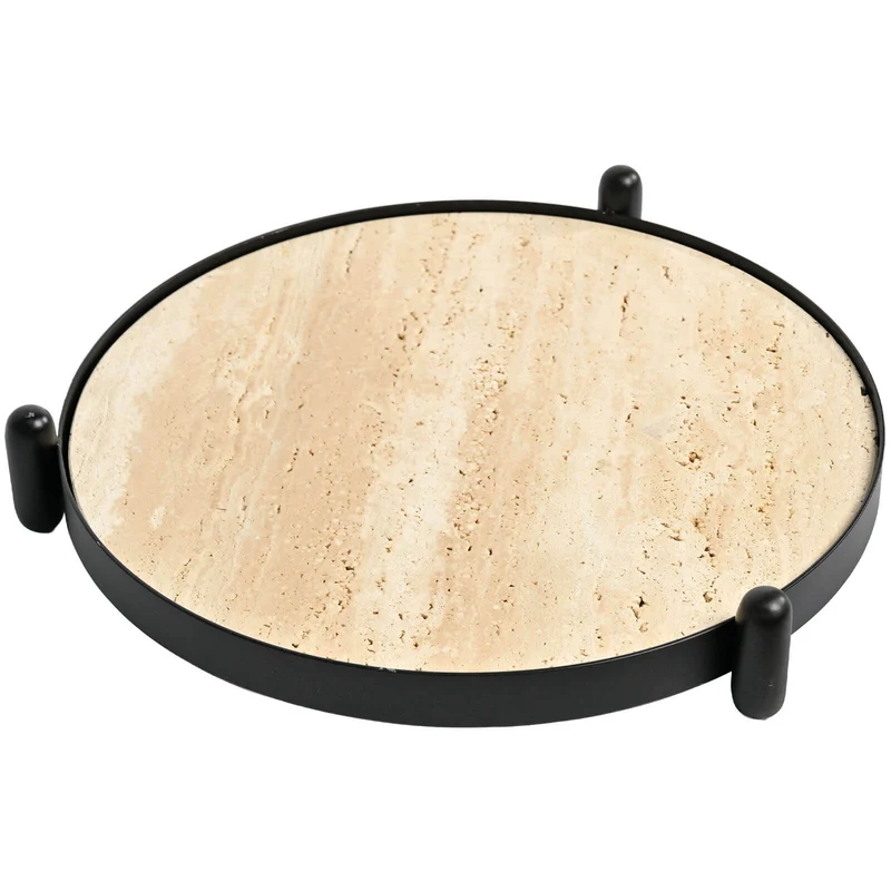 Metal Framed Round Tray in Travertine
