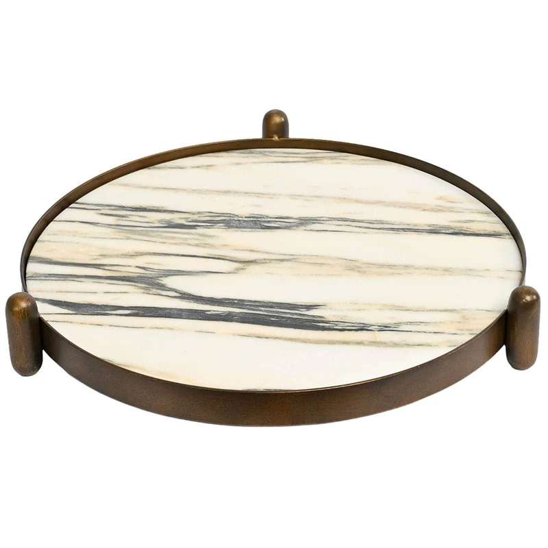 Metal Framed Round Tray in Landscape Marble