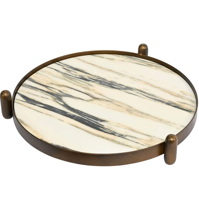 Metal Framed Round Tray in Landscape Marble