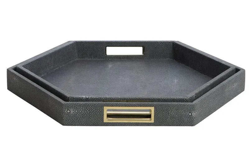 Cardona Set Of Two Hexagonal Blue Shagreen Effect Trays