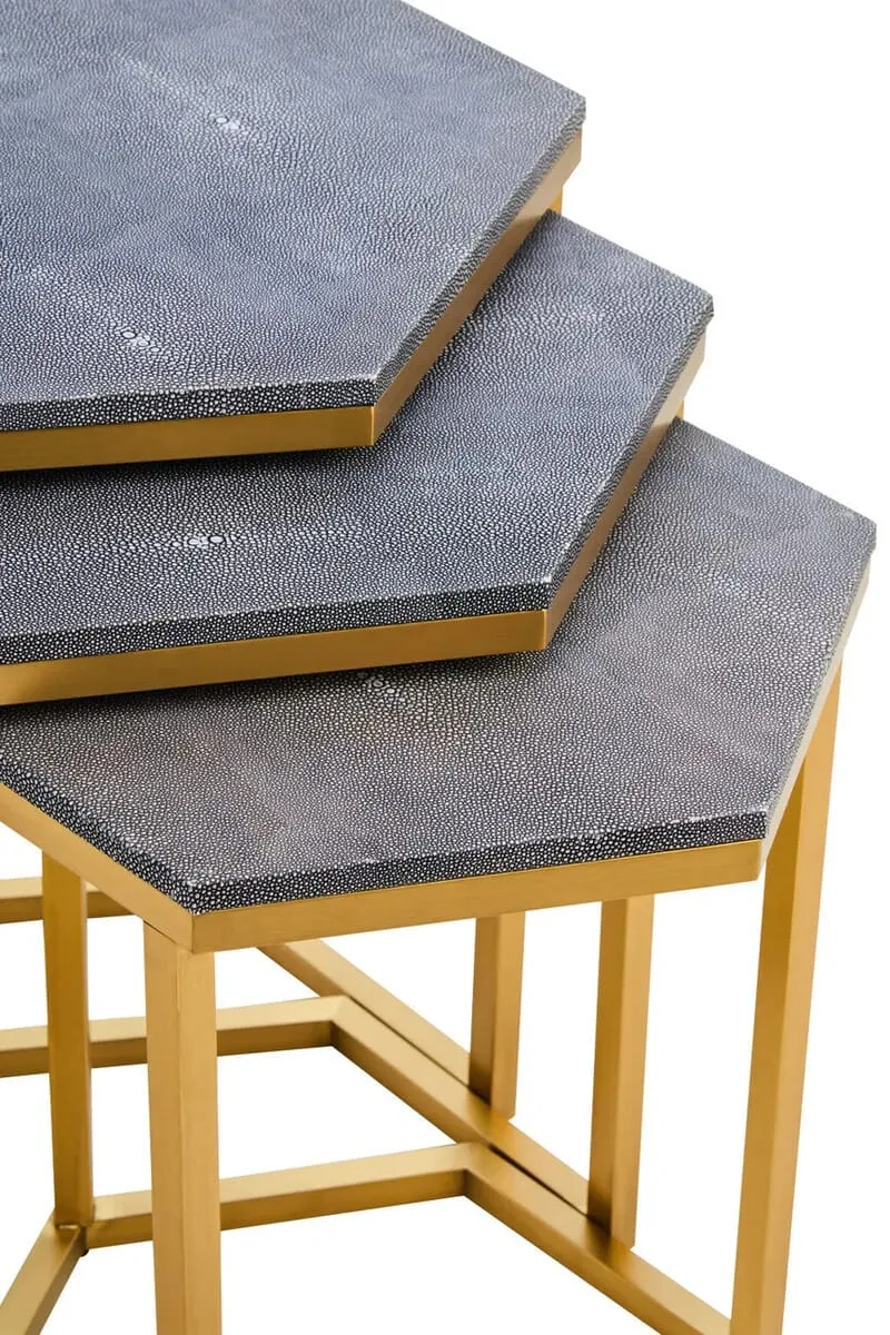 Cardona Nest of Three Hexagonal Blue Shagreen Effect Tables