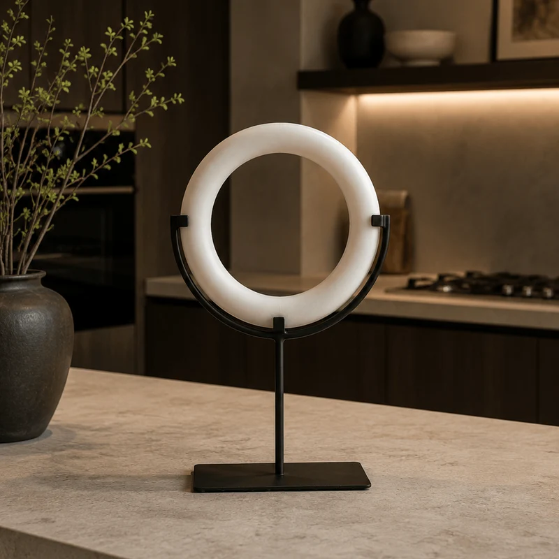 Zoro White Marble Ring Sculpture on Metal Stand