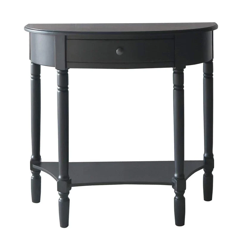 Heritage Black Pine Wood Half Moon Console Table with Drawer | OUTLET