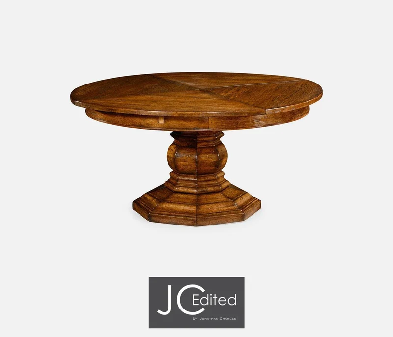 Round Dining Table Rustic with Self-Storing Leaves in Country Walnut
