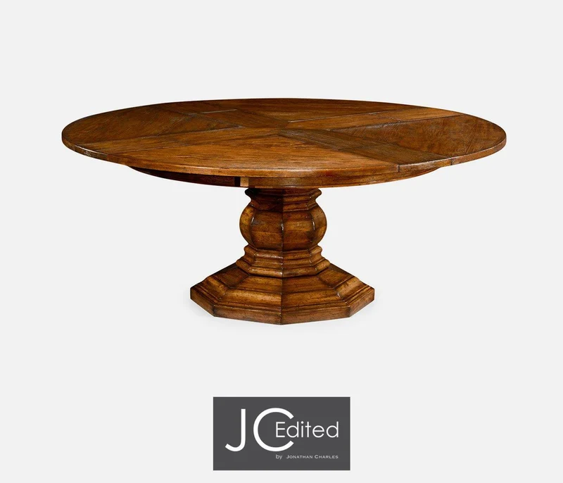 Round Dining Table Rustic with Self-Storing Leaves in Country Walnut