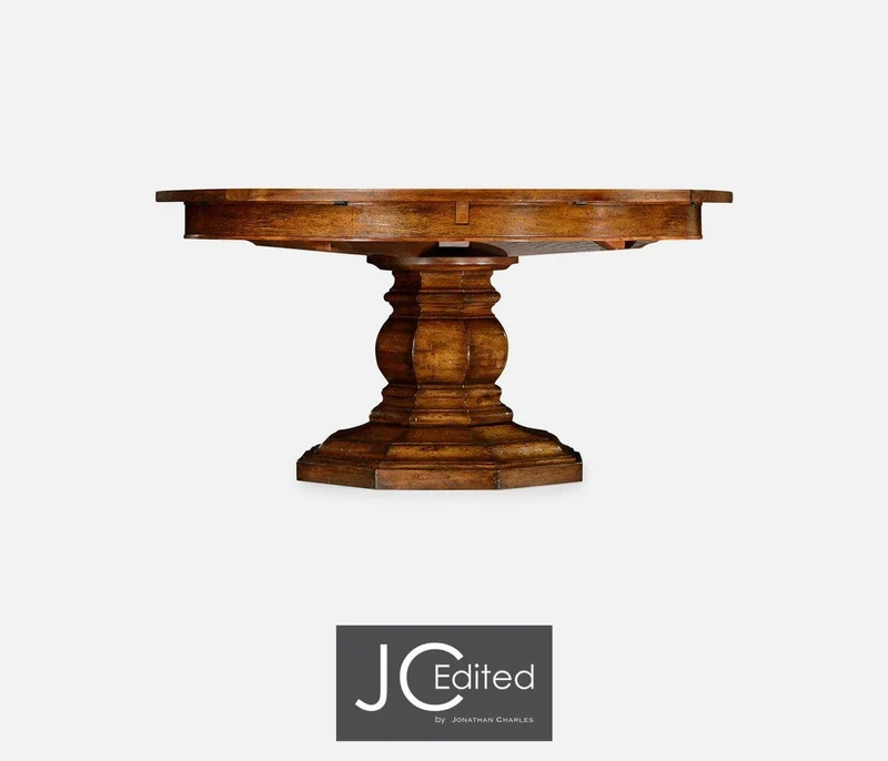 Round Dining Table Rustic with Self-Storing Leaves in Country Walnut