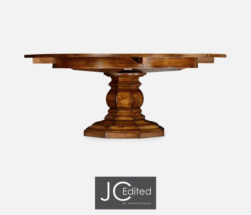 Round Dining Table Rustic with Self-Storing Leaves in Country Walnut