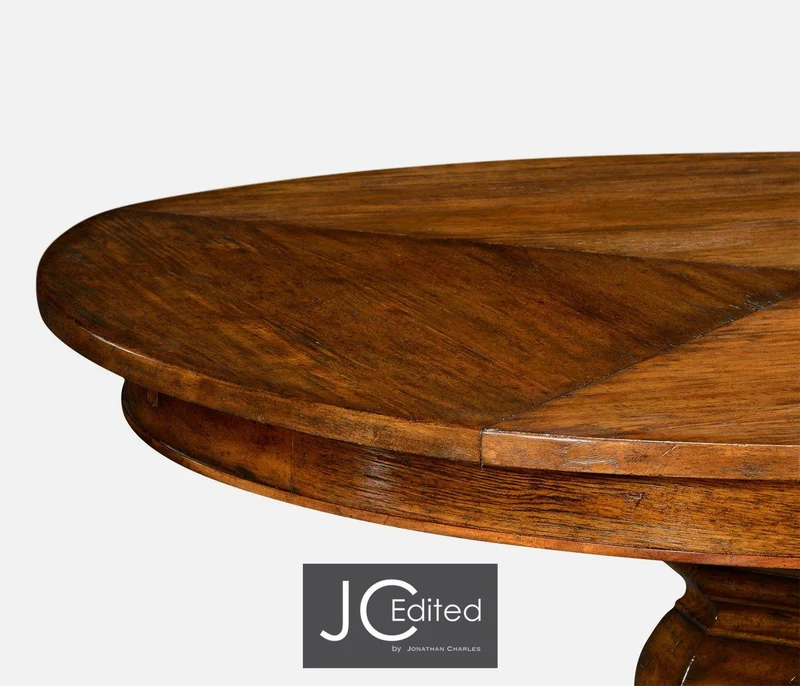 Round Dining Table Rustic with Self-Storing Leaves in Country Walnut