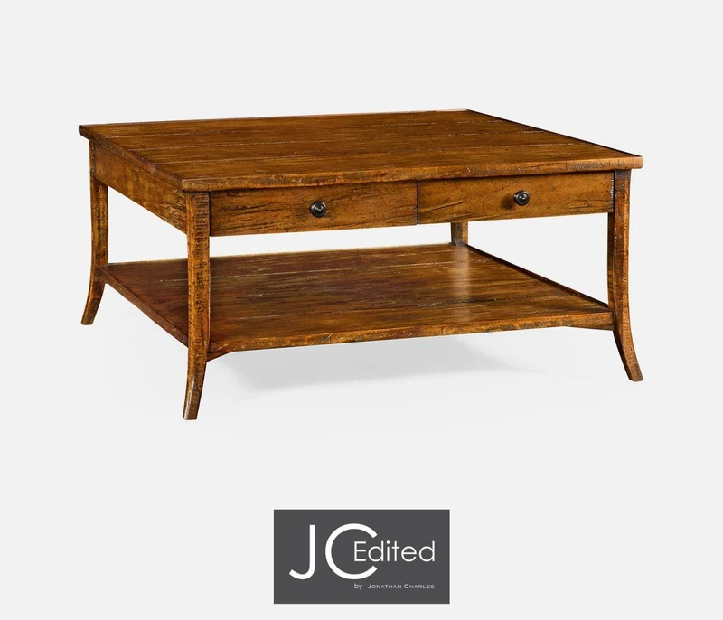 Square Coffee Table with Drawers Rustic in Country Walnut